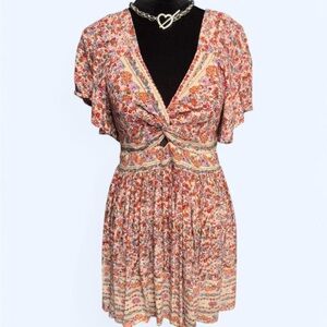 Angie tie front mini sundress floral boho pink rayon size S cottagecore